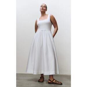 ME+EM Fresh White Mixed Media Tank Dress Midi Pockets Square Neck 12 XL Cotton